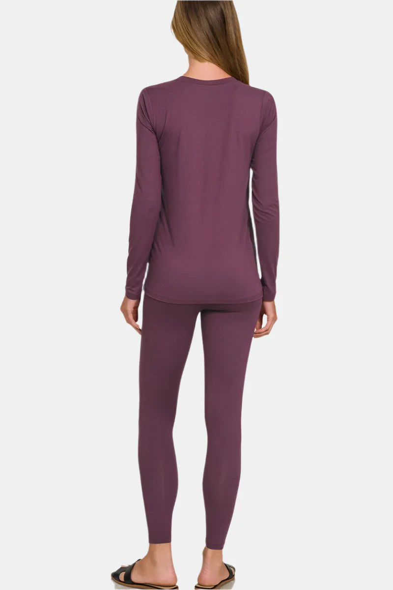 Microfiber Round Neck Top & Leggings Set / ASH MOCHA
