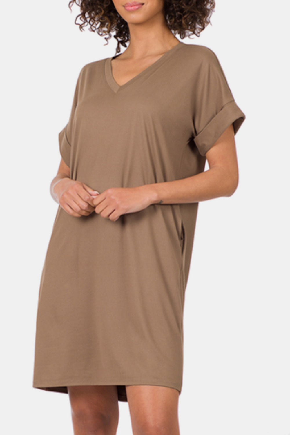 Brushed DTY Rolled Short Sleeve V-Neck Dress