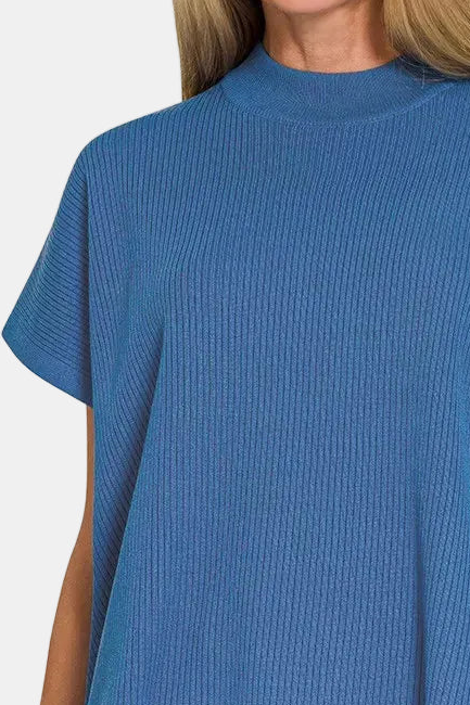 Viscose Mock Neck Short Sleeve Boxy Sweater / CLASSIC BLUE