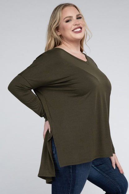 Plus Dolman Sleeve V-Neck Side Slit Hi-Low Hem Top