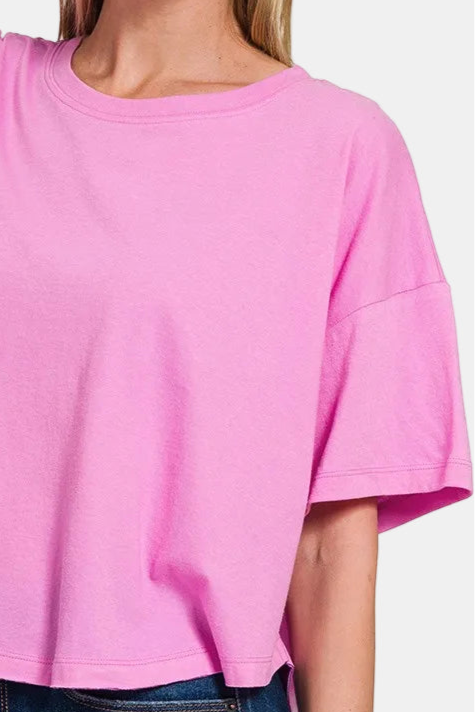 Cotton Round Neck Short Sleeve Top / BRIGHT MAUVE