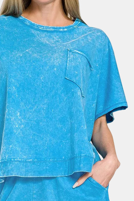 Acid Washed Oversized Top & Shorts Set / DEEP SKY