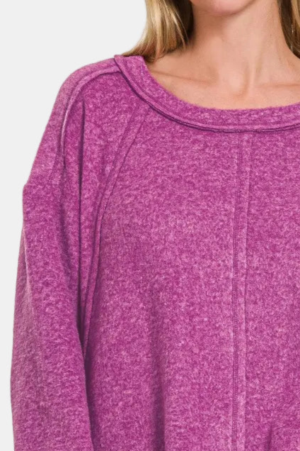Brushed Hacci Exposed Seam Hi Low Sweater / LT PLUM
