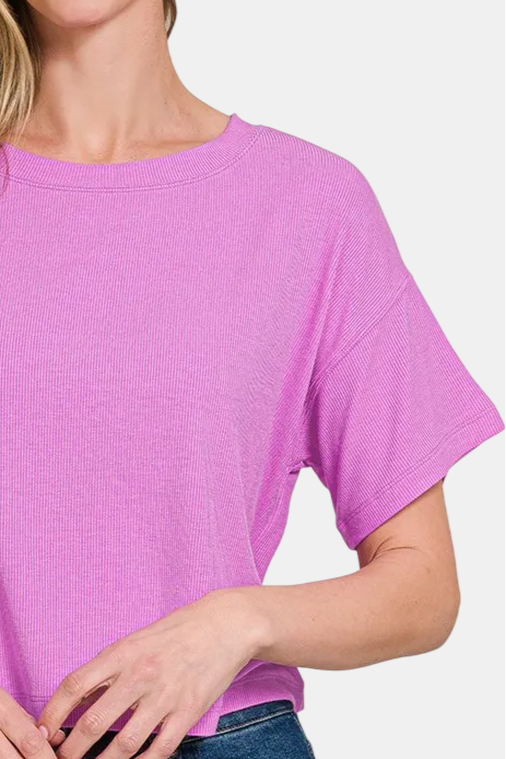Ribbed Round-Neck Crop Box Tee / BRIGHT MAUVE