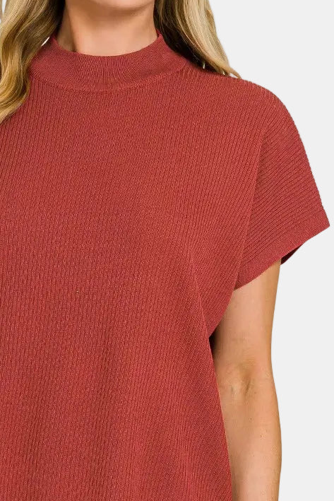 Viscose Mock Neck Short Sleeve Boxy Sweater / RUST