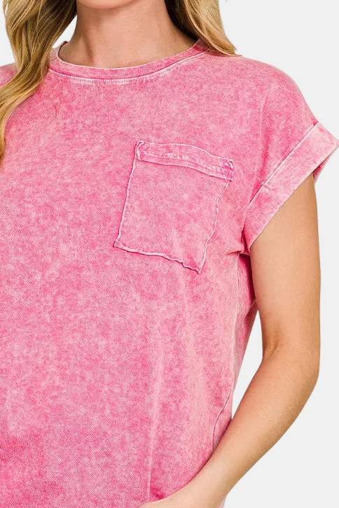 Halo Snow Washed Cuffed Short Sleeve Tee / HOT PINK