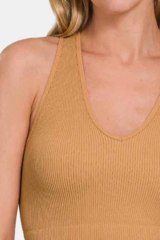 Seamless Ribbed Cropped Racerback Tank Top / DK BRUSH