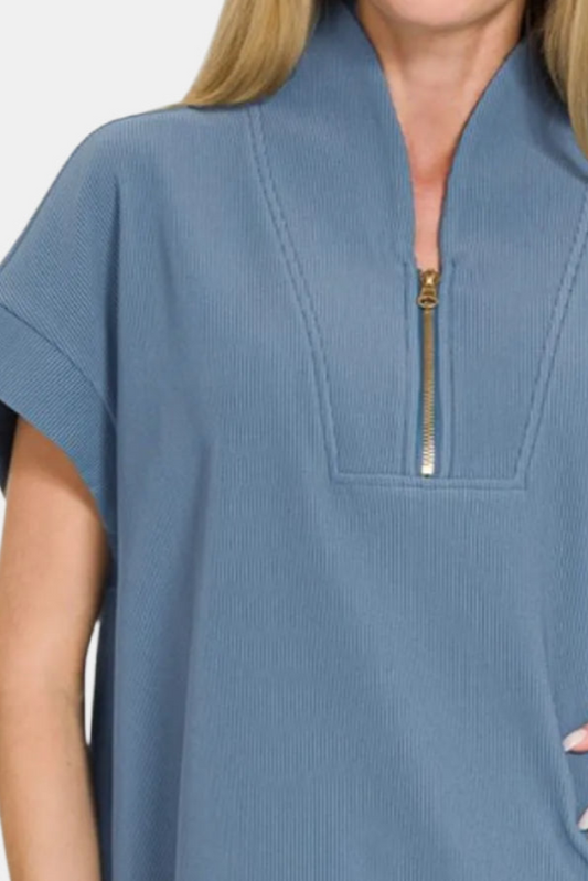 Ribbed High Neck Half Zip Top / DUSTY BLUE