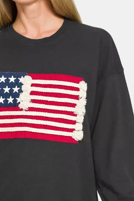 French Terry American Flag Pullover / BLACK