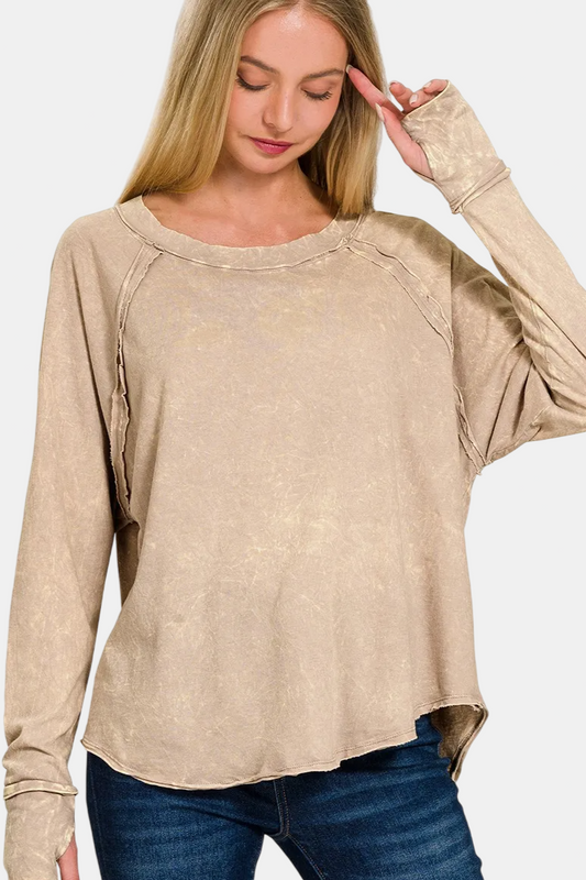 Crinkle Washed Thumb Hole Cuffs Long Sleeve Top / ASH MOCHA