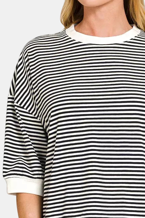 Striped Contrast Trim Banded Bottom Top / BLACK