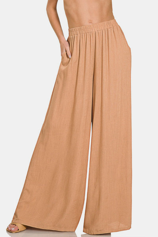 Woven Pleated Linen Blend Wide Leg Pants