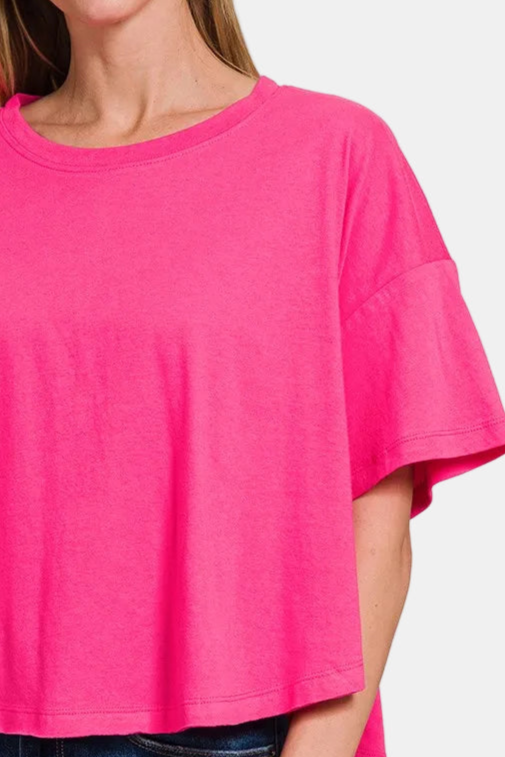 Cotton Round Neck Short Sleeve Top / HOT PINK