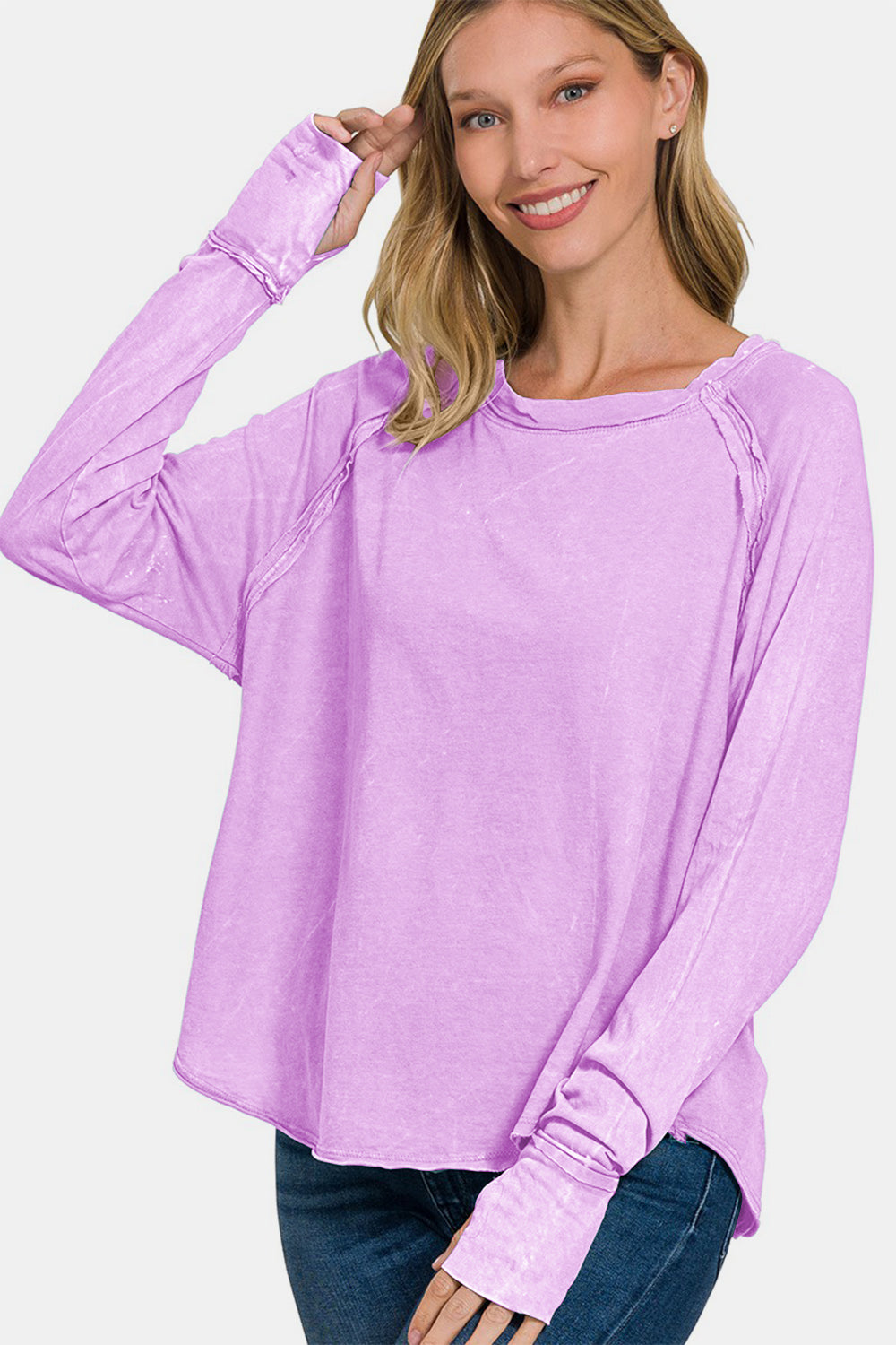 Washed Thumb Hole Cuffs Scoop-Neck Long Sleeve Top