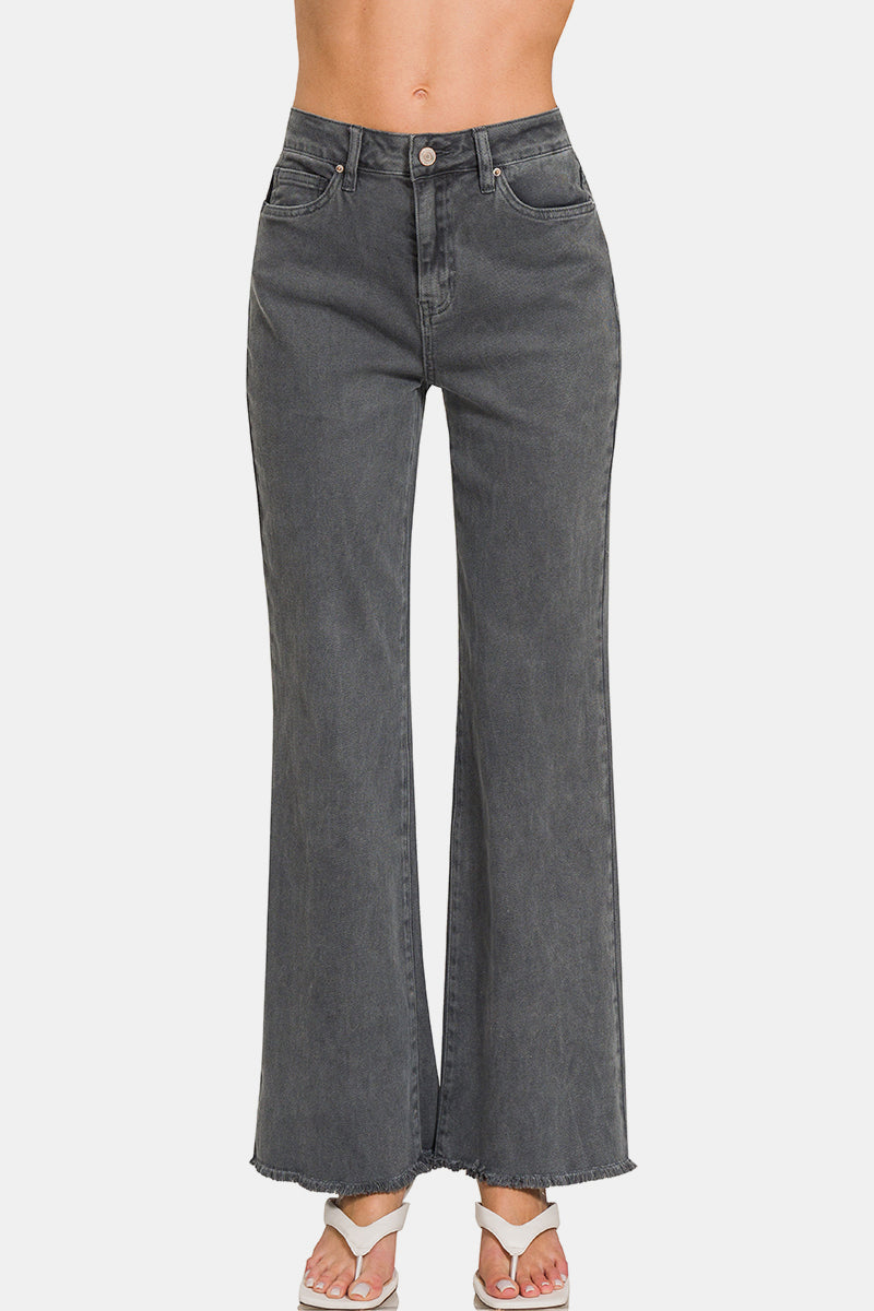 Acid Washed High Waist Frayed Hem Bootcut Pants