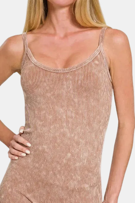 Stone Washed Ribbed Seamless Bodysuit / DEEP CAMEL