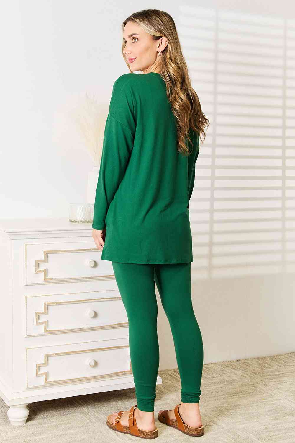 Brushed DTY Microfiber Loungewear Set (V-Neck Long Sleeve) / DK GREEN