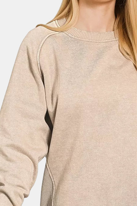 Acid Washed Fleece Sweatshirt with Side Rib / ASH MOCHA