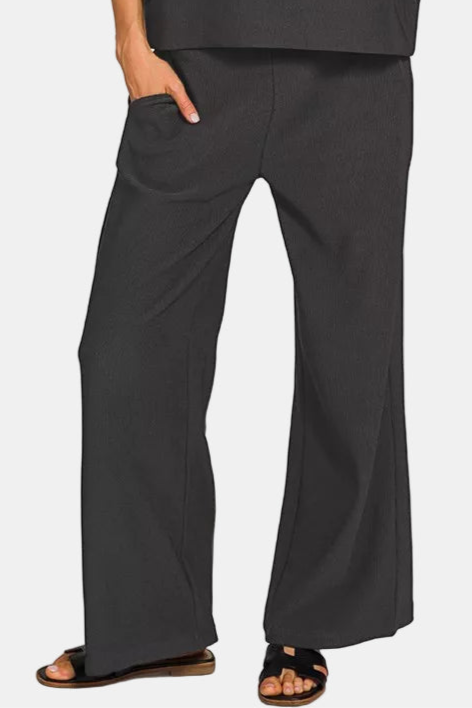 Ribbed Round Neck Tee & Pants Set / BLACK