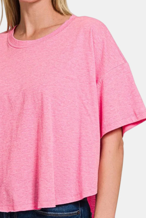 Cotton Round Neck Short Sleeve Top / H HOT PINK