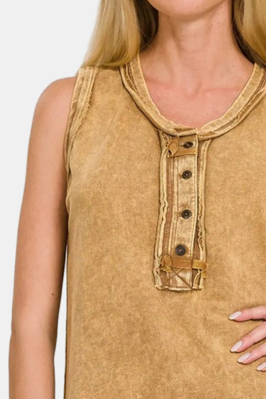 Washed Half-Button Raw Edge Sleeveless Henley Top / DK CAMEL