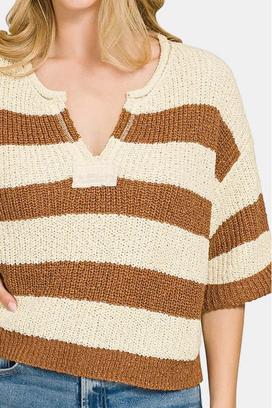 Split Neck Striped Sweater / DEEP CAMEL