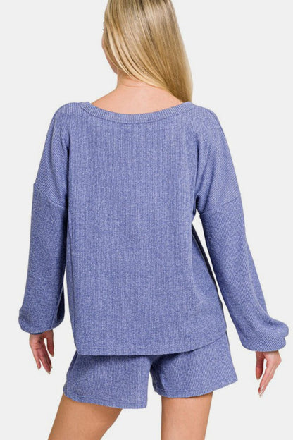 Brushed Ribbed Hacci V-Neck Long Sleeve Tee & Shorts Set