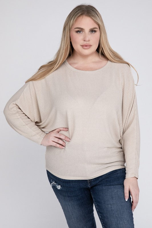 Plus Ribbed Batwing Long Sleeve Boat Neck Sweater