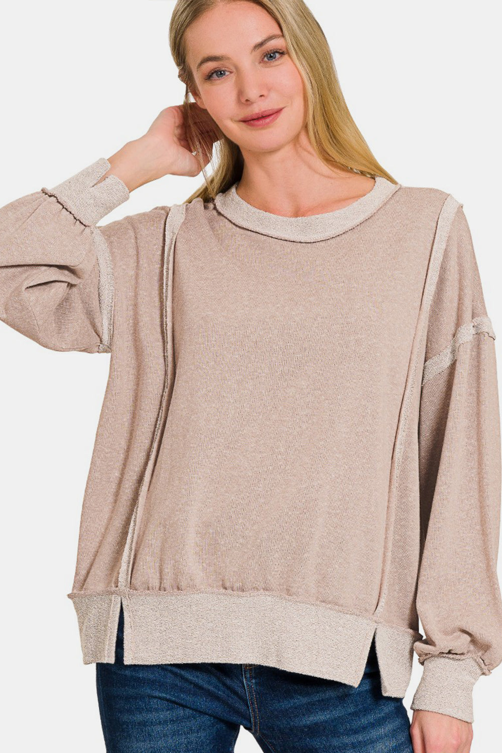 Washed Bottom Band Exposed-Seam Sweatshirt