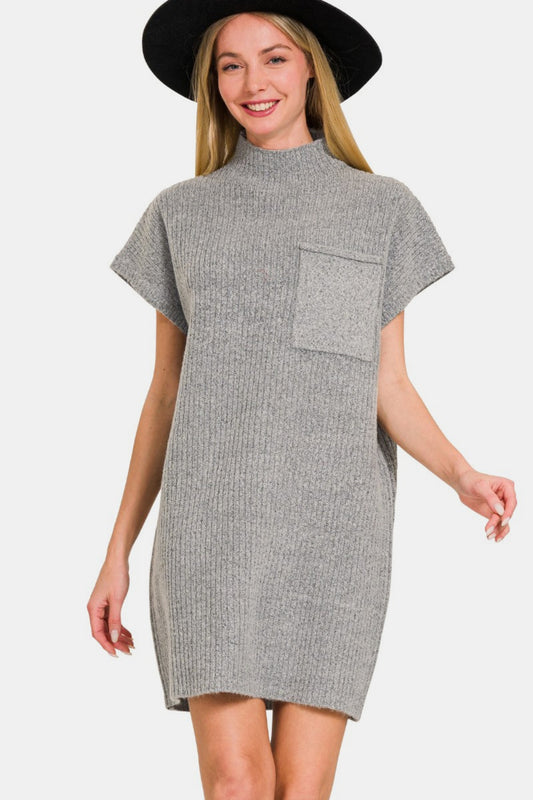 Mock Neck Short Sleeve Sweater Dress With Pocket