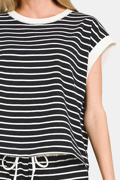 Stripe Contrast Trim Top & Shorts Set / BLACK