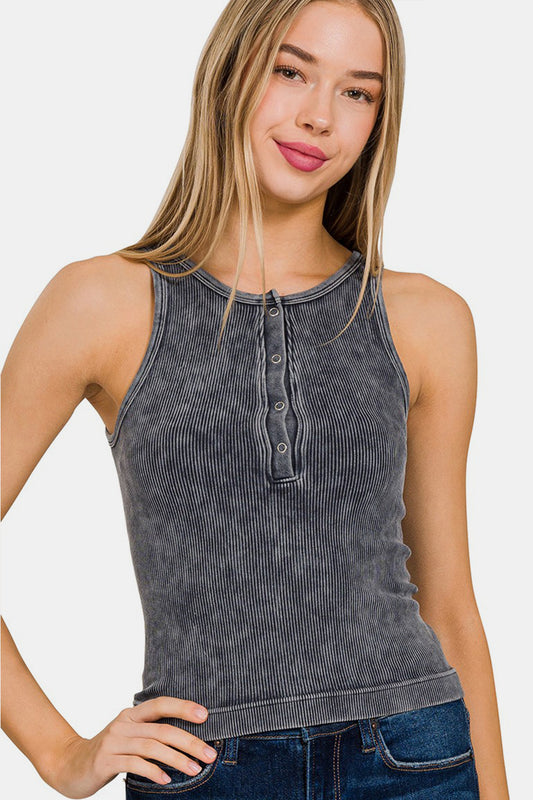 Washed Ribbed Seamless Button-Up Tank Top