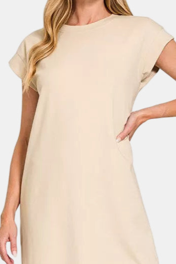 Round Neck Short Sleeve Midi Dress / SAND BEIGE