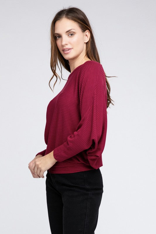 Ribbed Batwing Long Sleeve Boat Neck Sweater