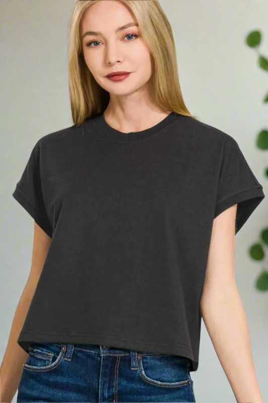 Premium Cotton Relaxed Crop Tee / BLACK