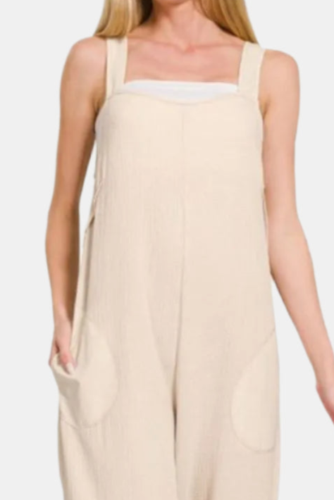 Double Gauze Washed Wide Leg Overalls / SAND BEIGE