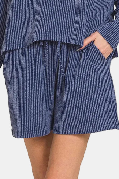 Raised Rib Long Sleeve Tee & Shorts Set / NAVY