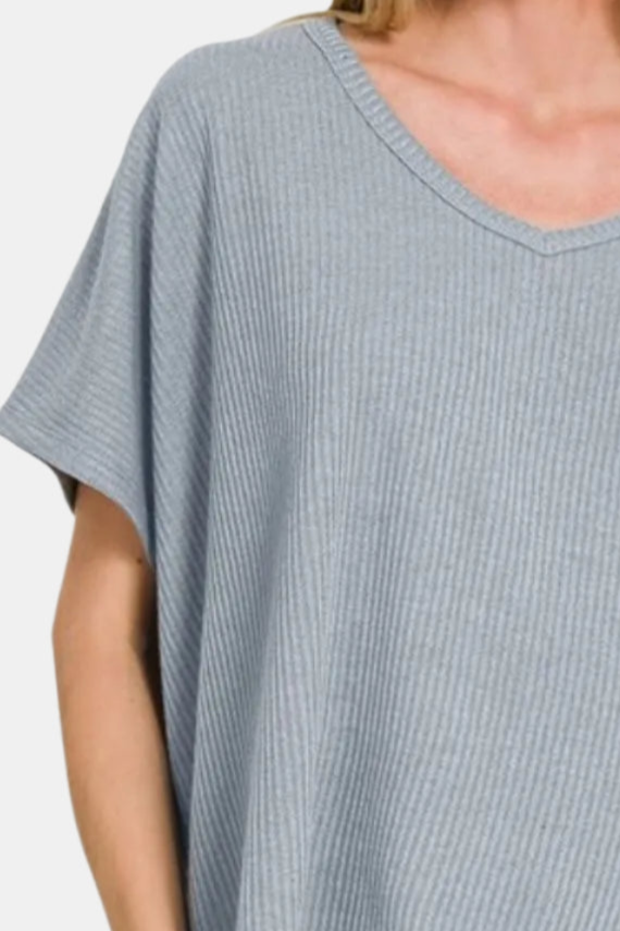 Ribbed V-Neck Short-Sleeve Sweater / BLUE GREY