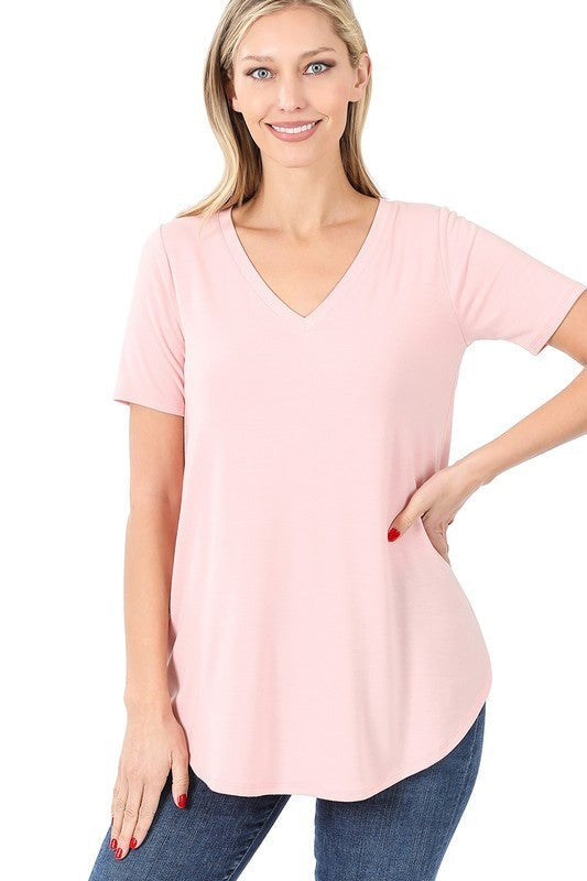 Short Sleeve V-Neck Round Hem Top