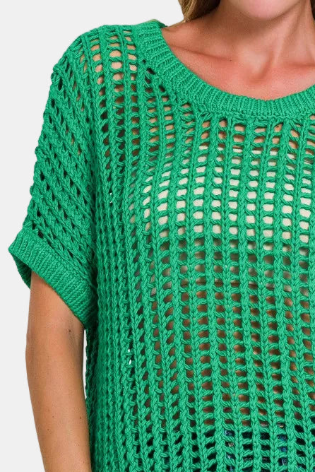 Fish Net Short Sleeve Crochet Sweater / K GREEN