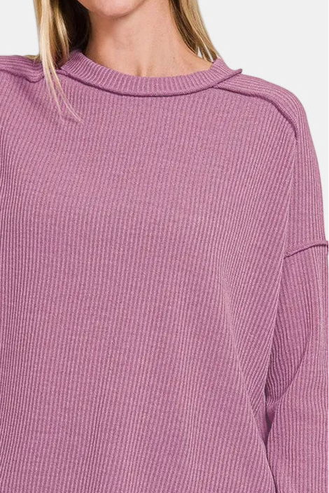 Ribbed Drop Shoulder Round Neck Sweater / MAUVE