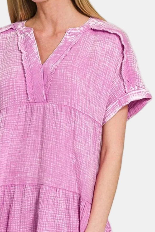 Washed Double Gauze Raw Edge V-Neck Dress / BRIGHT MAUVE