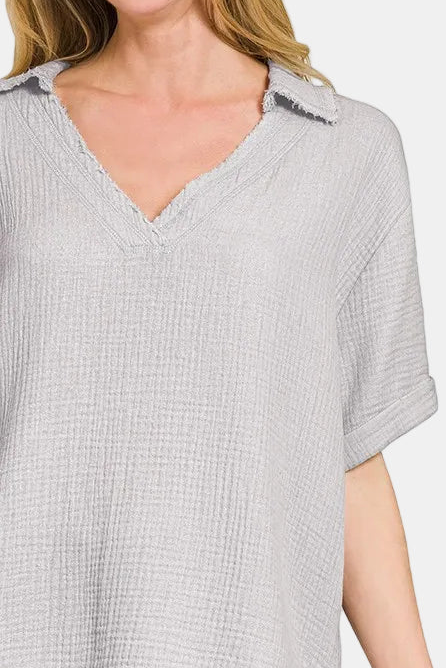 Double Gauze V-Neck Short Sleeve Top / LT GREY