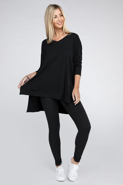 Dolman Long Sleeve V-Neck Side Slit Hi-Low Hem Top