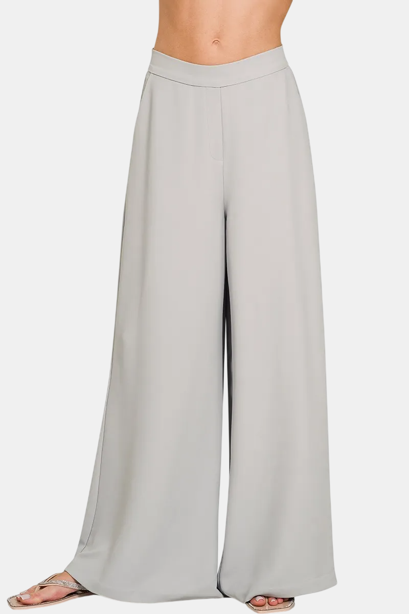 Relaxed Fit Elastic Waisted Wide Leg Pants / LT GREY