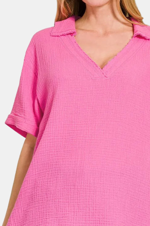 Double Gauze V-Neck Short Sleeve Top / LT FUCHSIA