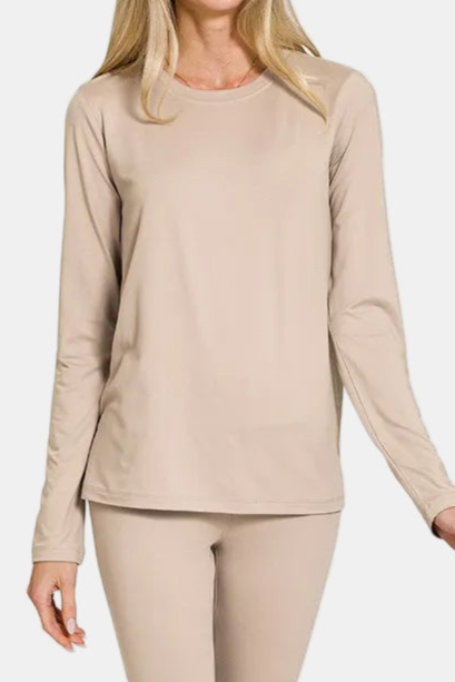 Microfiber Round Neck Top & Leggings Set / ASH MOCHA