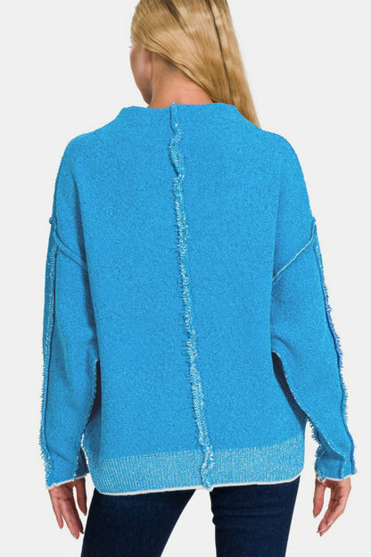 Oversized Mock Neck Raw Seam Chenille Sweater