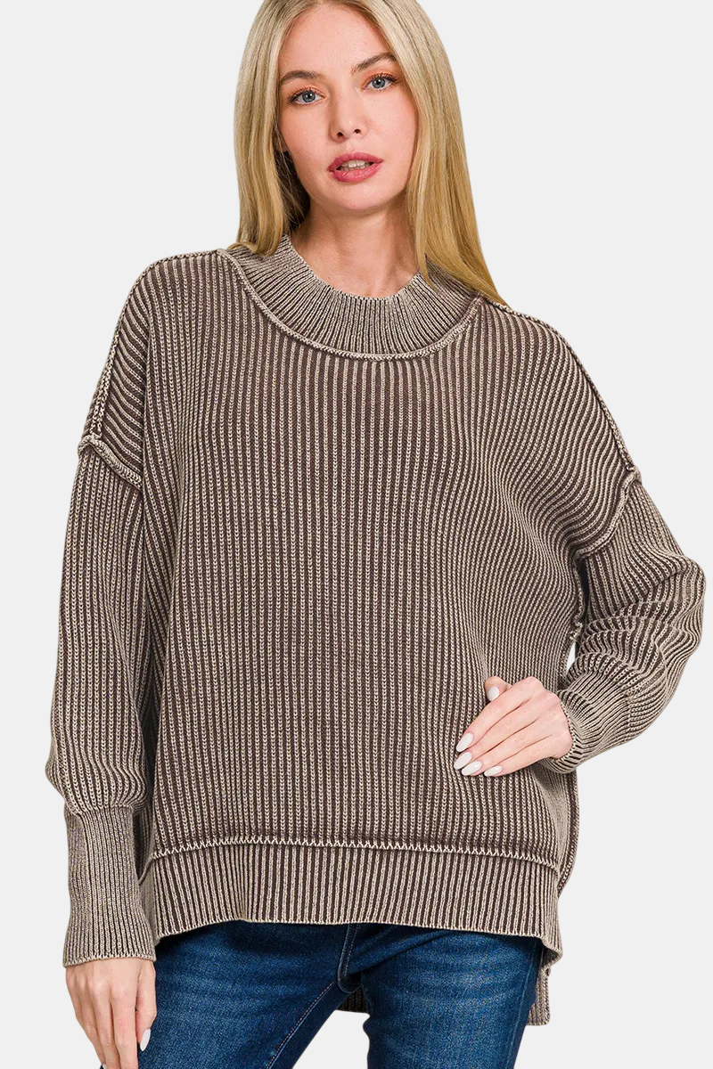 Washed Side Slit Oversized Sweater / BROWN