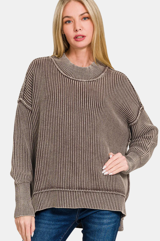Washed Side Slit Oversized Sweater / BROWN